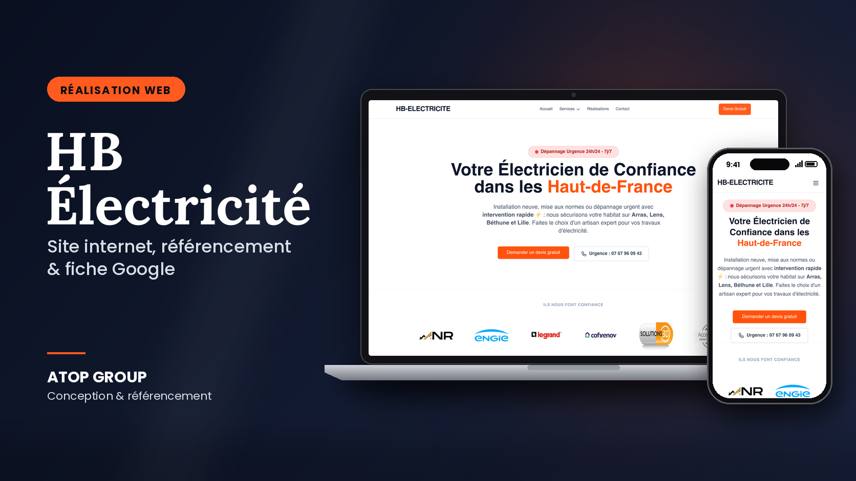 Site internet de HB Électricité présenté sur ordinateur et smartphone