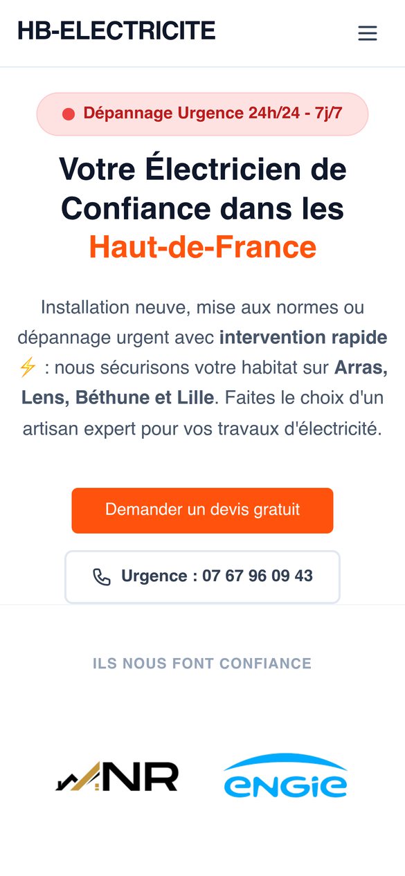 Page d'accueil du site HB Électricité sur mobile