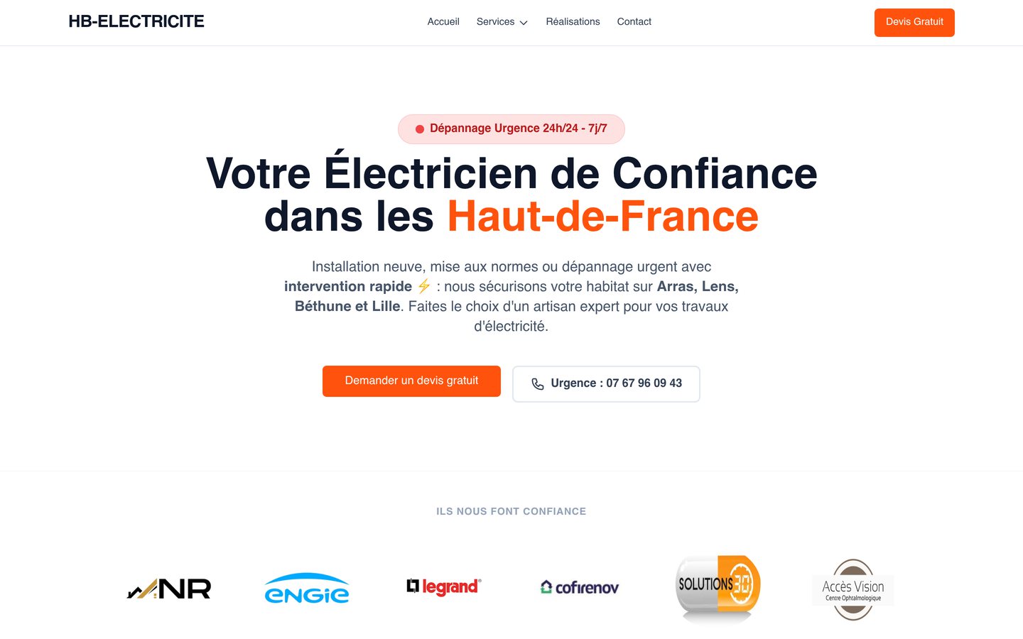 Page d'accueil du site HB Électricité sur ordinateur