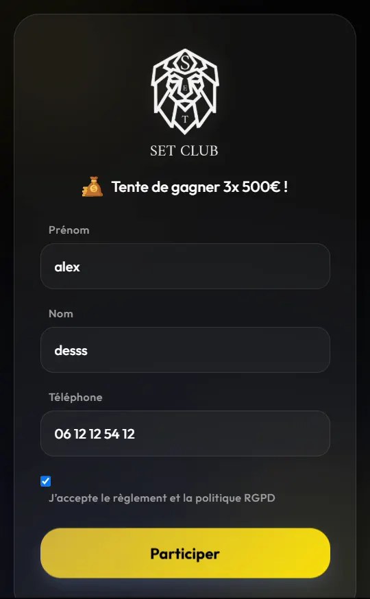 Formulaire de participation au jeu concours du Set Famous Club sur mobile